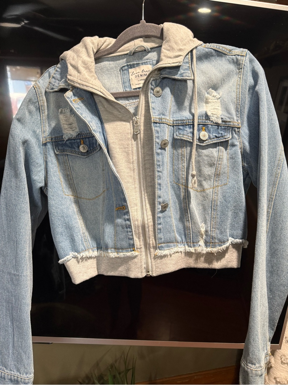 Love Tree Light Blue Distressed Denim Jacket with Gray Hooded Liner